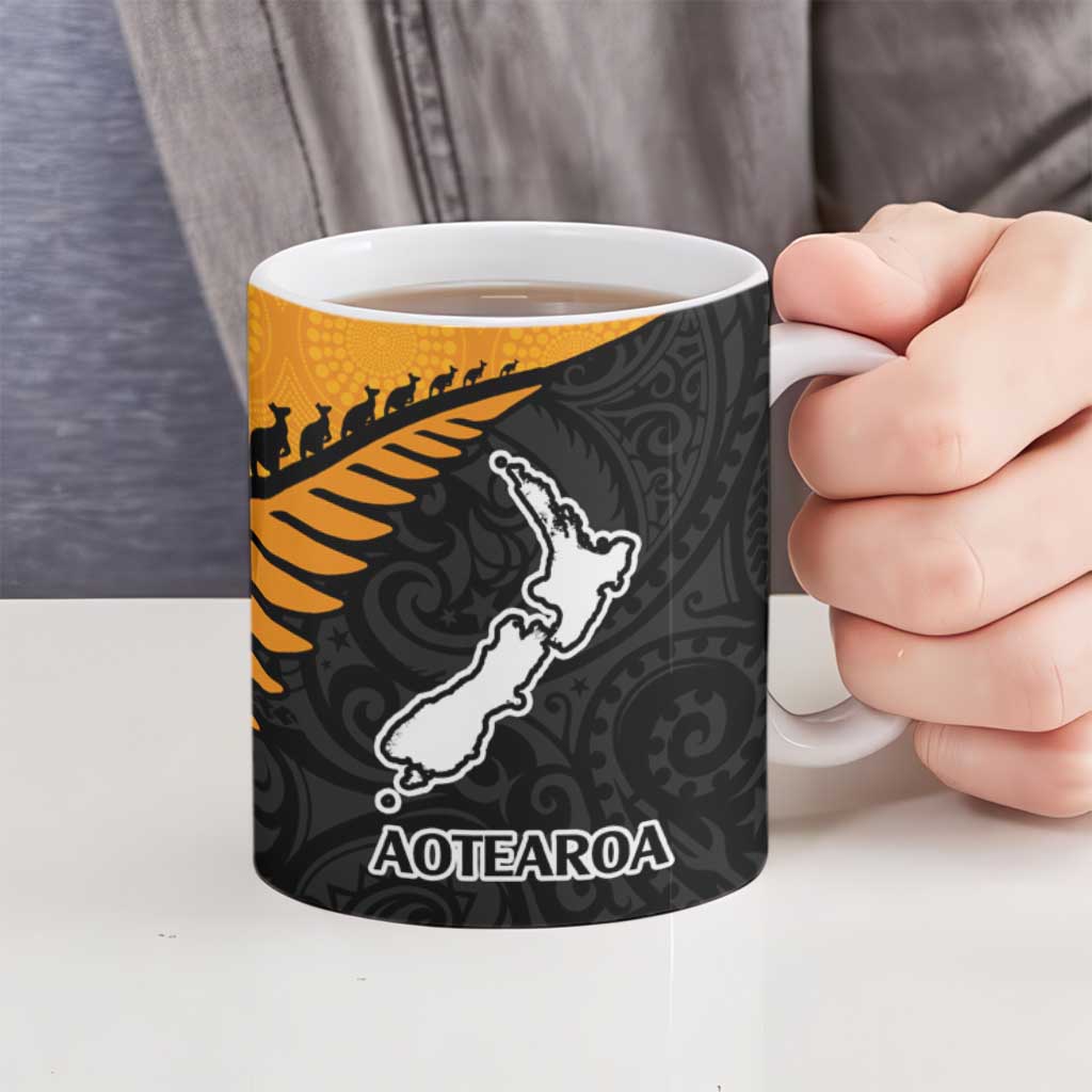 Australia New Zealand Rugby Ceramic Mug Gold Aboriginal Wallabies and Maori Black Fern - Aussie Hoodie