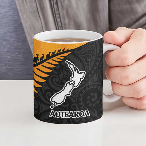 Australia New Zealand Rugby Ceramic Mug Gold Aboriginal Wallabies and Maori Black Fern - Aussie Hoodie