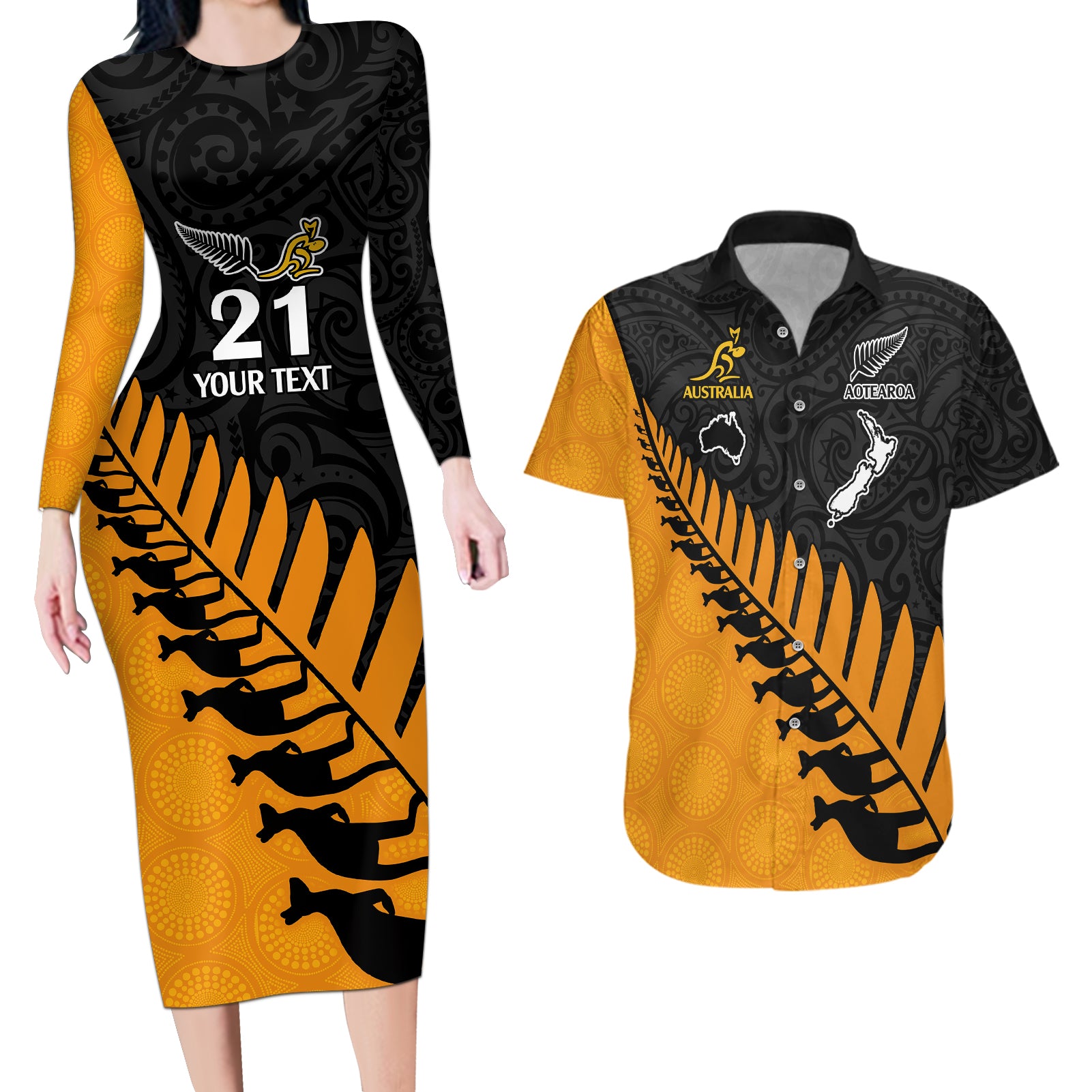 custom-australia-wallabies-and-aotearoa-rugby-couples-matching-long-sleeve-bodycon-dress-and-hawaiian-shirt-kangaroo-black-fern-maori-gold-vibe