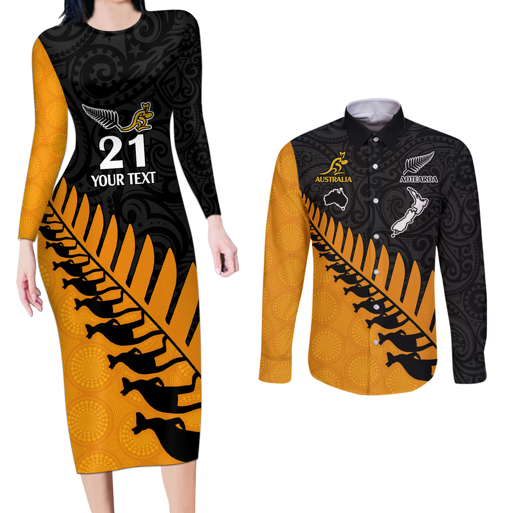 custom-australia-wallabies-and-aotearoa-rugby-couples-matching-long-sleeve-bodycon-dress-and-long-sleeve-button-shirts-kangaroo-black-fern-maori-gold-vibe