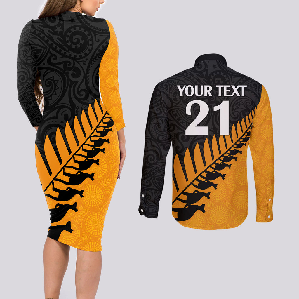 custom-australia-wallabies-and-aotearoa-rugby-couples-matching-long-sleeve-bodycon-dress-and-long-sleeve-button-shirts-kangaroo-black-fern-maori-gold-vibe