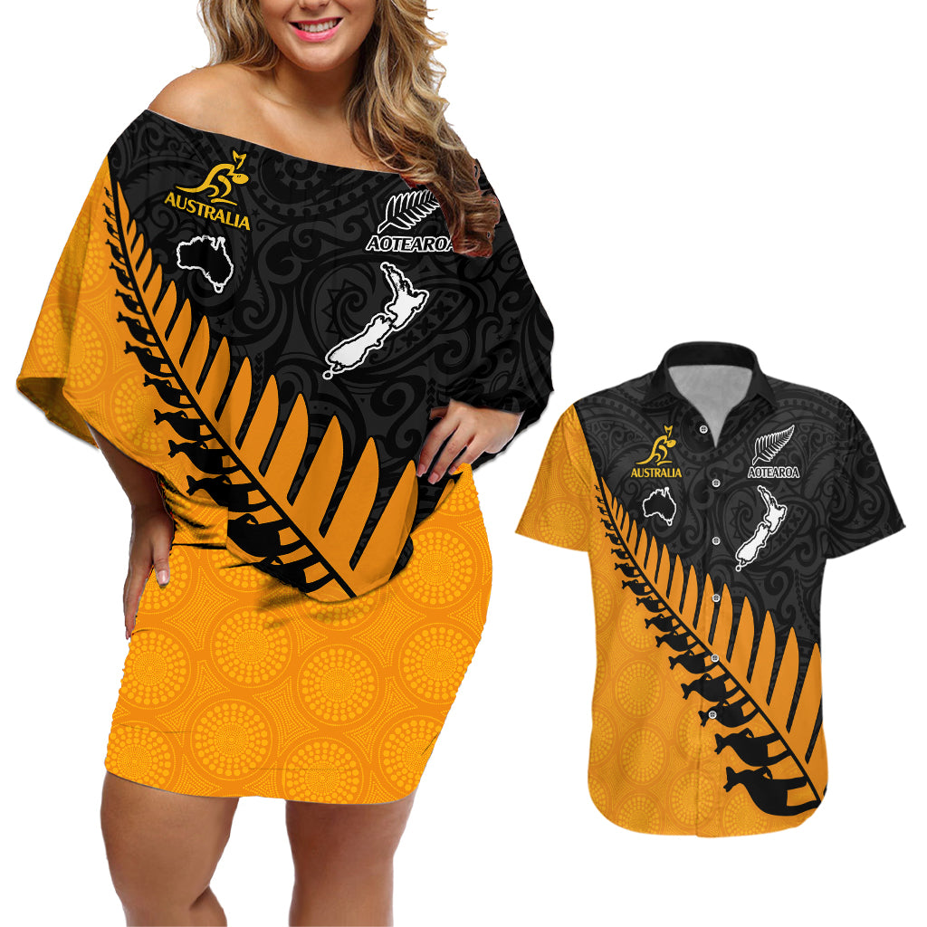 custom-australia-wallabies-and-aotearoa-rugby-couples-matching-off-shoulder-short-dress-and-hawaiian-shirt-kangaroo-black-fern-maori-gold-vibe