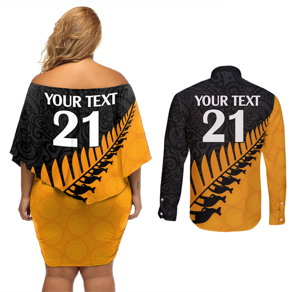 custom-australia-wallabies-and-aotearoa-rugby-couples-matching-off-shoulder-short-dress-and-long-sleeve-button-shirts-kangaroo-black-fern-maori-gold-vibe