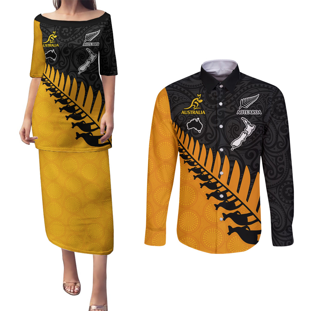 custom-australia-wallabies-and-aotearoa-rugby-couples-matching-puletasi-dress-and-long-sleeve-button-shirts-kangaroo-black-fern-maori-gold-vibe