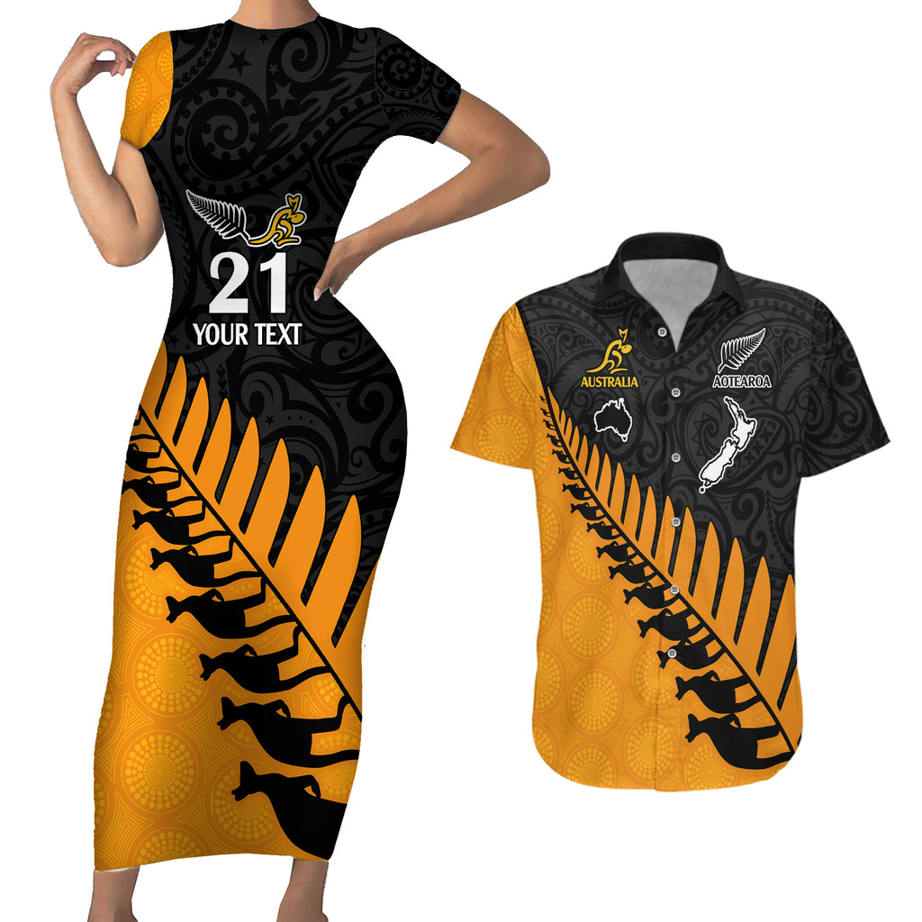custom-australia-wallabies-and-aotearoa-rugby-couples-matching-short-sleeve-bodycon-dress-and-hawaiian-shirt-kangaroo-black-fern-maori-gold-vibe