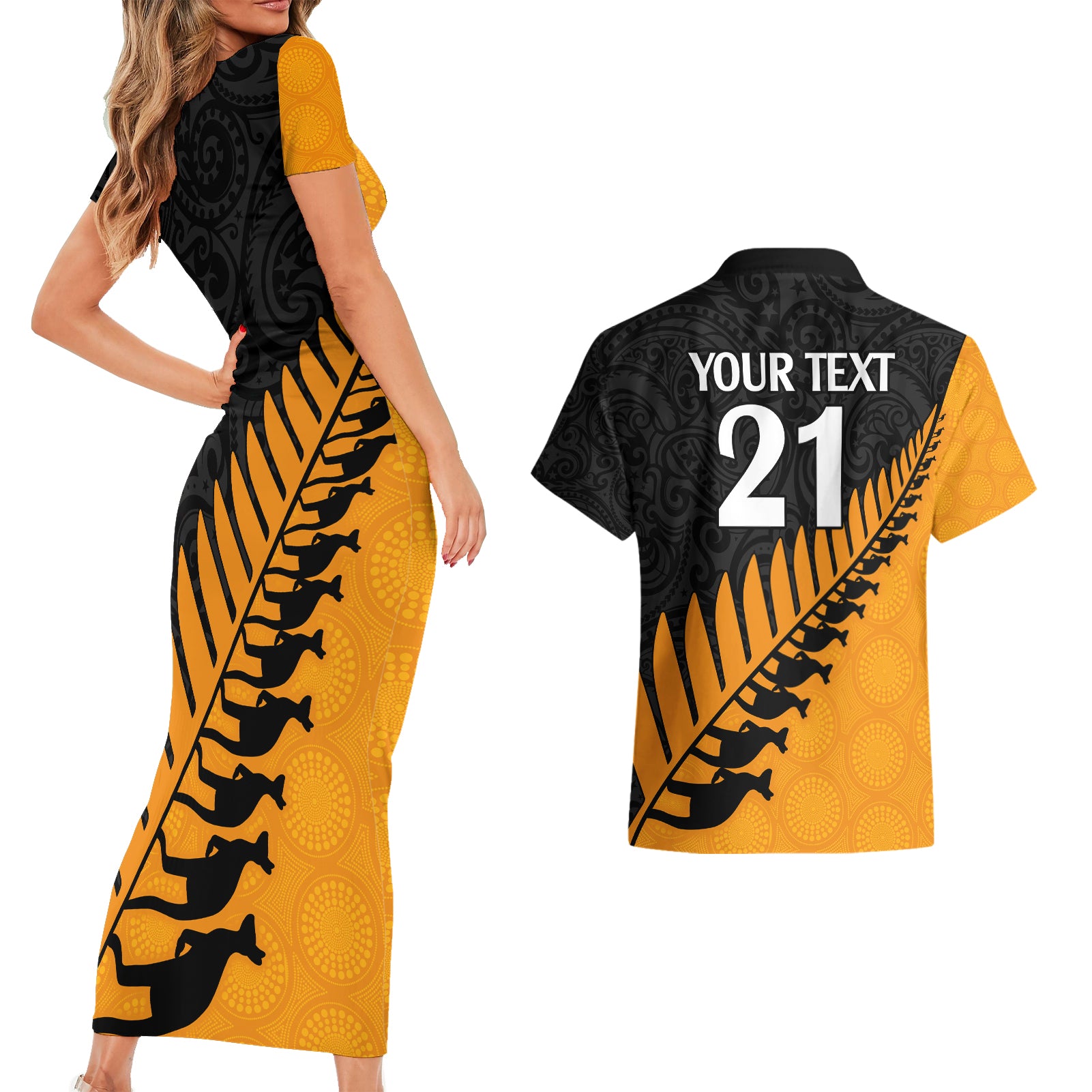 custom-australia-wallabies-and-aotearoa-rugby-couples-matching-short-sleeve-bodycon-dress-and-hawaiian-shirt-kangaroo-black-fern-maori-gold-vibe