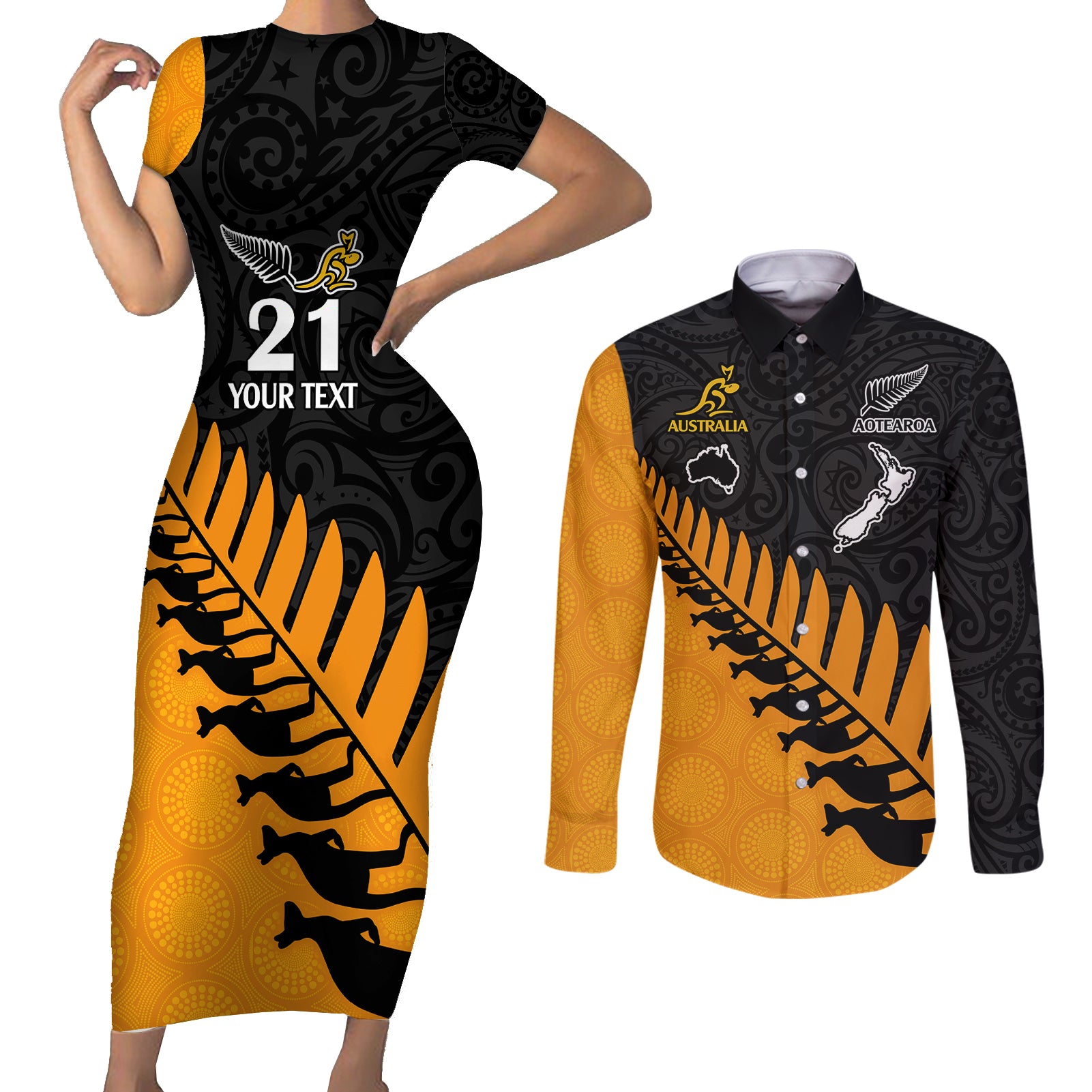 custom-australia-wallabies-and-aotearoa-rugby-couples-matching-short-sleeve-bodycon-dress-and-long-sleeve-button-shirts-kangaroo-black-fern-maori-gold-vibe