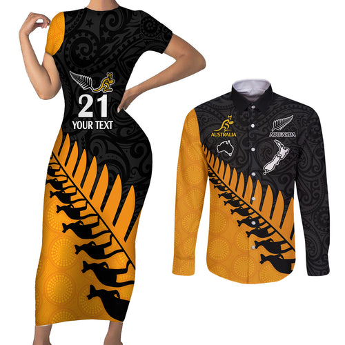 custom-australia-wallabies-and-aotearoa-rugby-couples-matching-short-sleeve-bodycon-dress-and-long-sleeve-button-shirts-kangaroo-black-fern-maori-gold-vibe