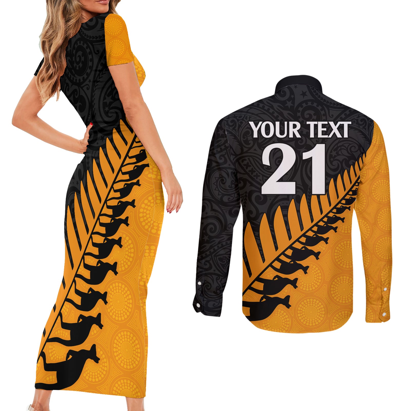 custom-australia-wallabies-and-aotearoa-rugby-couples-matching-short-sleeve-bodycon-dress-and-long-sleeve-button-shirts-kangaroo-black-fern-maori-gold-vibe