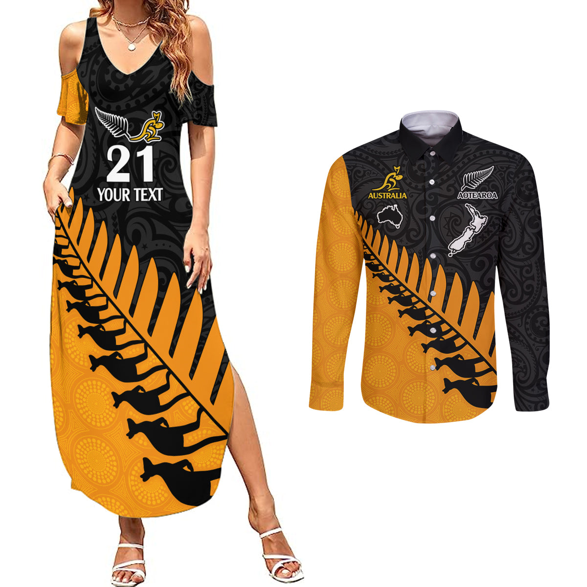 custom-australia-wallabies-and-aotearoa-rugby-couples-matching-summer-maxi-dress-and-long-sleeve-button-shirts-kangaroo-black-fern-maori-gold-vibe