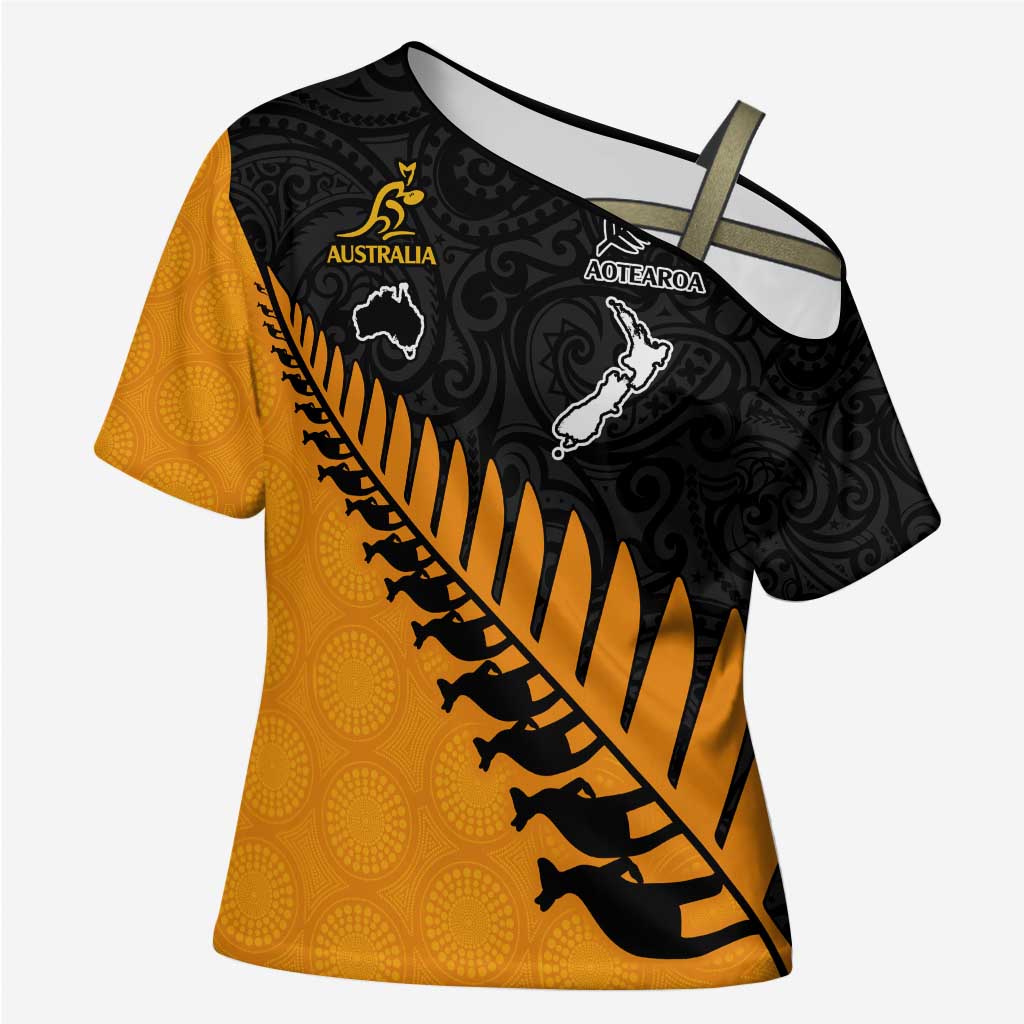 Australia New Zealand Rugby Cross Shoulder Shirt Gold Aboriginal Wallabies and Maori Black Fern - Aussie Hoodie