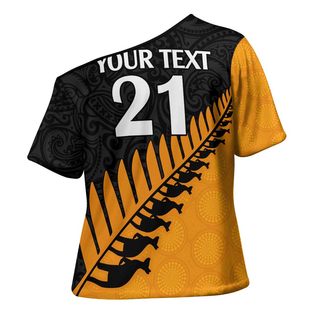 Australia New Zealand Rugby Cross Shoulder Shirt Gold Aboriginal Wallabies and Maori Black Fern - Aussie Hoodie