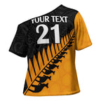 Australia New Zealand Rugby Cross Shoulder Shirt Gold Aboriginal Wallabies and Maori Black Fern - Aussie Hoodie
