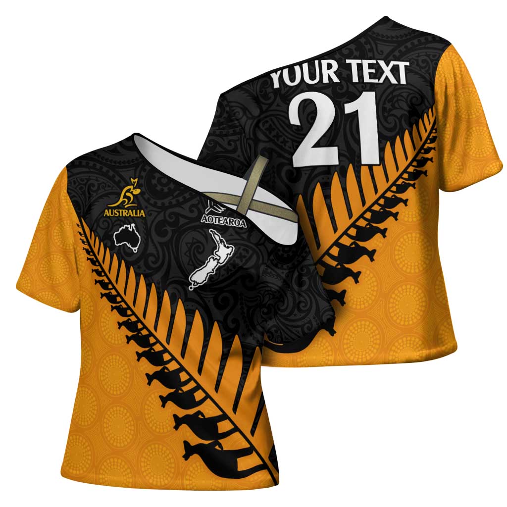 Australia New Zealand Rugby Cross Shoulder Shirt Gold Aboriginal Wallabies and Maori Black Fern - Aussie Hoodie