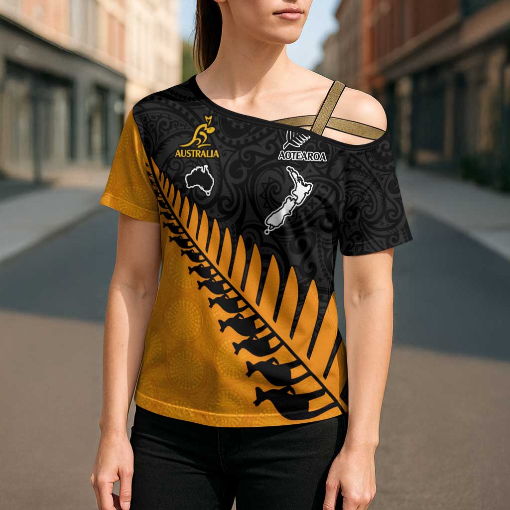 Australia New Zealand Rugby Cross Shoulder Shirt Gold Aboriginal Wallabies and Maori Black Fern - Aussie Hoodie