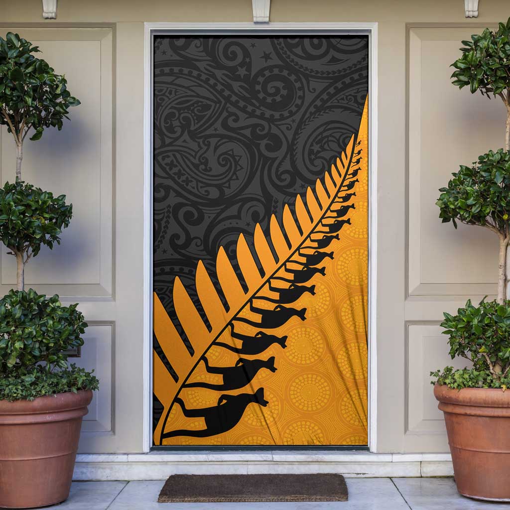 Australia New Zealand Rugby Door Cover Gold Aboriginal Wallabies and Maori Black Fern - Aussie Hoodie