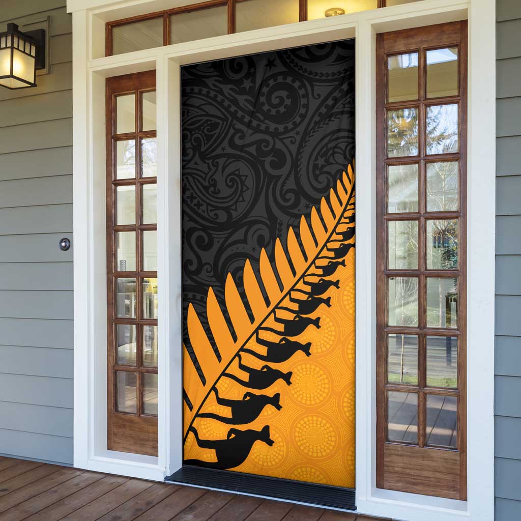 Australia New Zealand Rugby Door Cover Gold Aboriginal Wallabies and Maori Black Fern - Aussie Hoodie