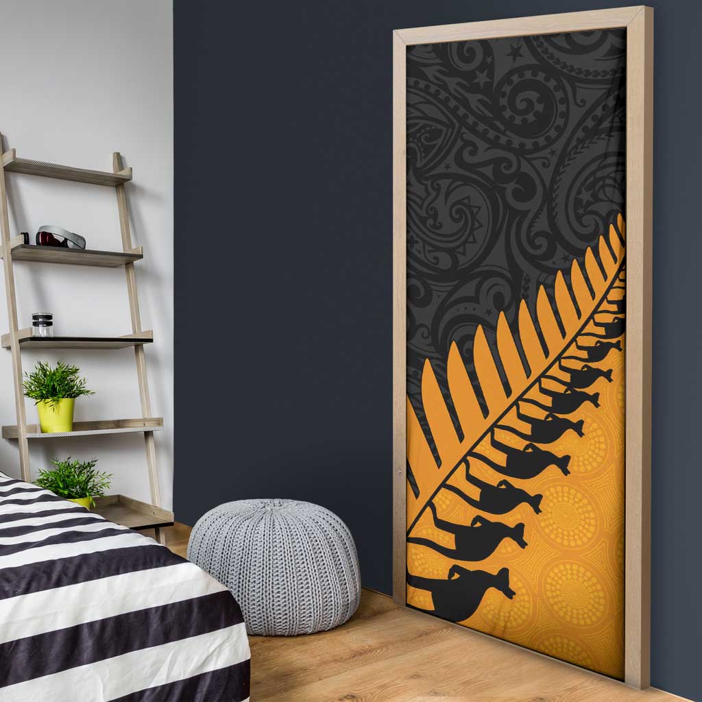 Australia New Zealand Rugby Door Cover Gold Aboriginal Wallabies and Maori Black Fern - Aussie Hoodie