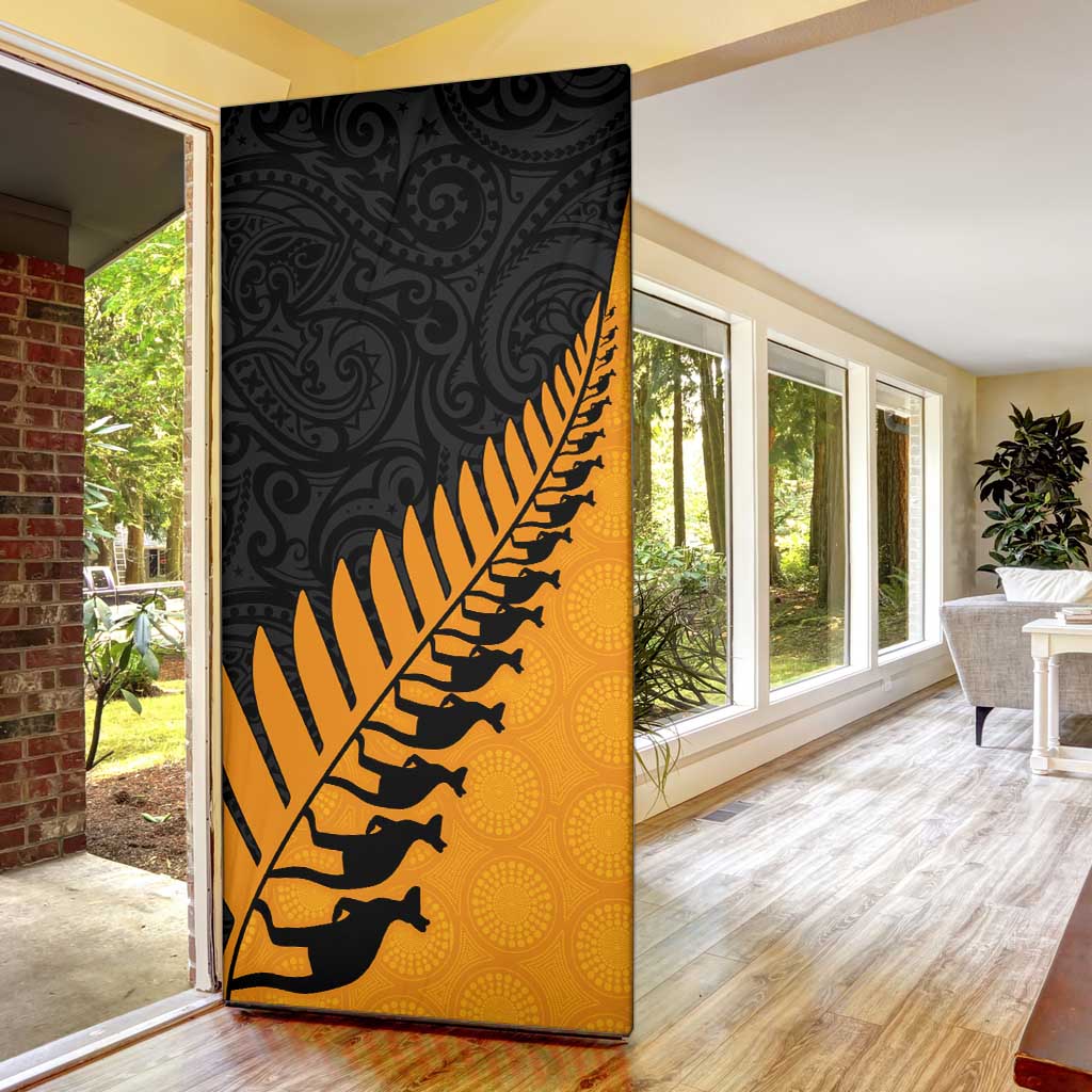 Australia New Zealand Rugby Door Cover Gold Aboriginal Wallabies and Maori Black Fern - Aussie Hoodie