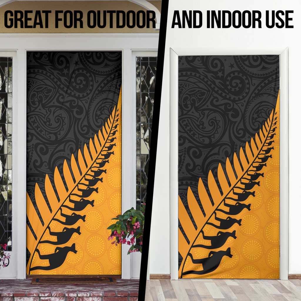 Australia New Zealand Rugby Door Cover Gold Aboriginal Wallabies and Maori Black Fern - Aussie Hoodie