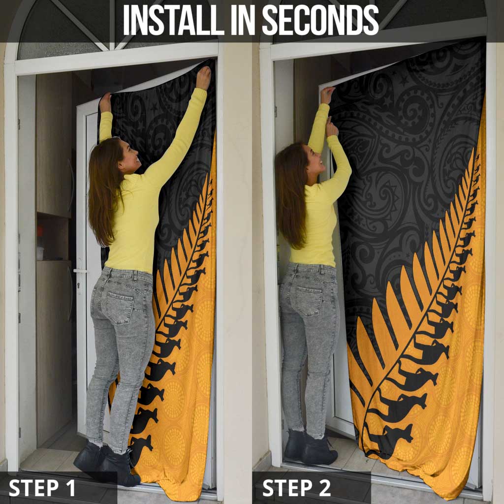 Australia New Zealand Rugby Door Cover Gold Aboriginal Wallabies and Maori Black Fern - Aussie Hoodie