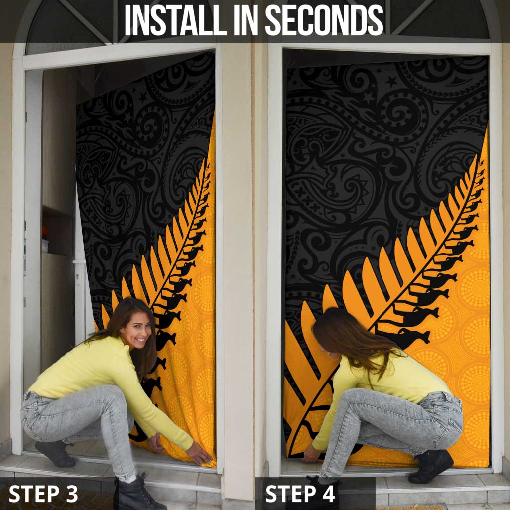Australia New Zealand Rugby Door Cover Gold Aboriginal Wallabies and Maori Black Fern - Aussie Hoodie