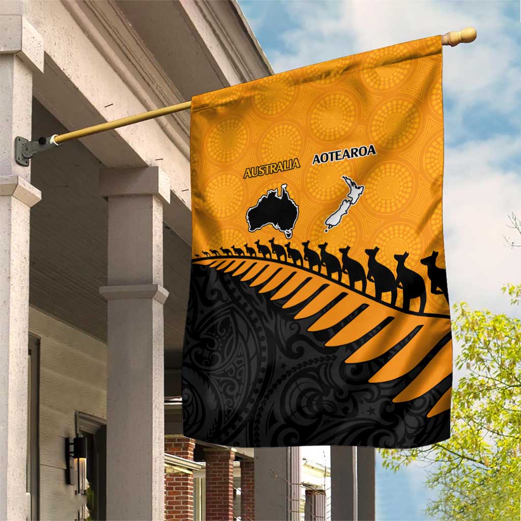 Australia New Zealand Rugby Garden Flag Gold Aboriginal Wallabies and Maori Black Fern - Aussie Hoodie