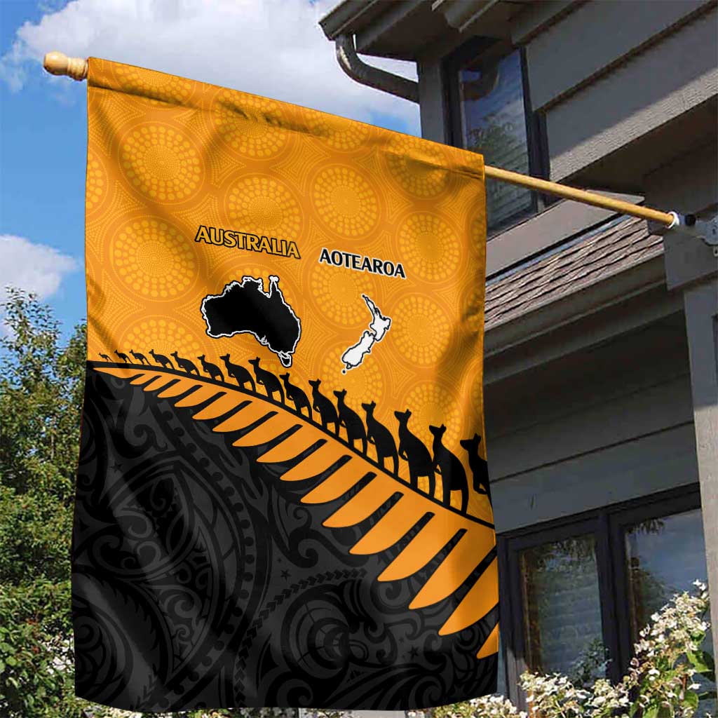 Australia New Zealand Rugby Garden Flag Gold Aboriginal Wallabies and Maori Black Fern - Aussie Hoodie