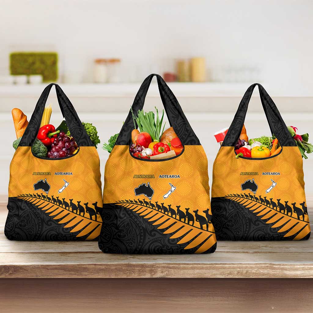 Australia New Zealand Rugby Grocery Bag Gold Aboriginal Wallabies and Maori Black Fern - Aussie Hoodie