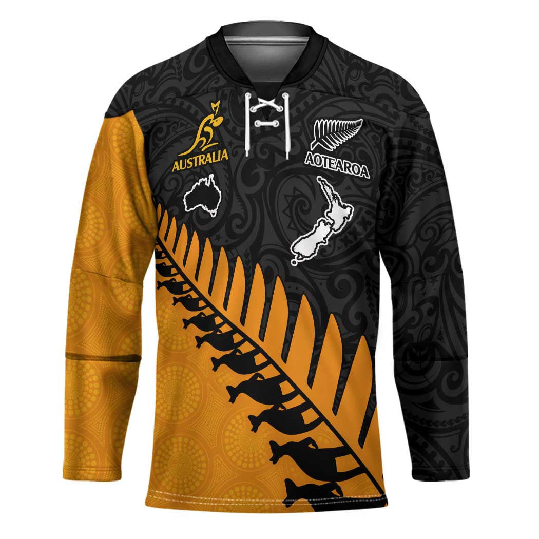 Australia New Zealand Rugby Hockey Jersey Gold Aboriginal Wallabies and Maori Black Fern - Aussie Hoodie