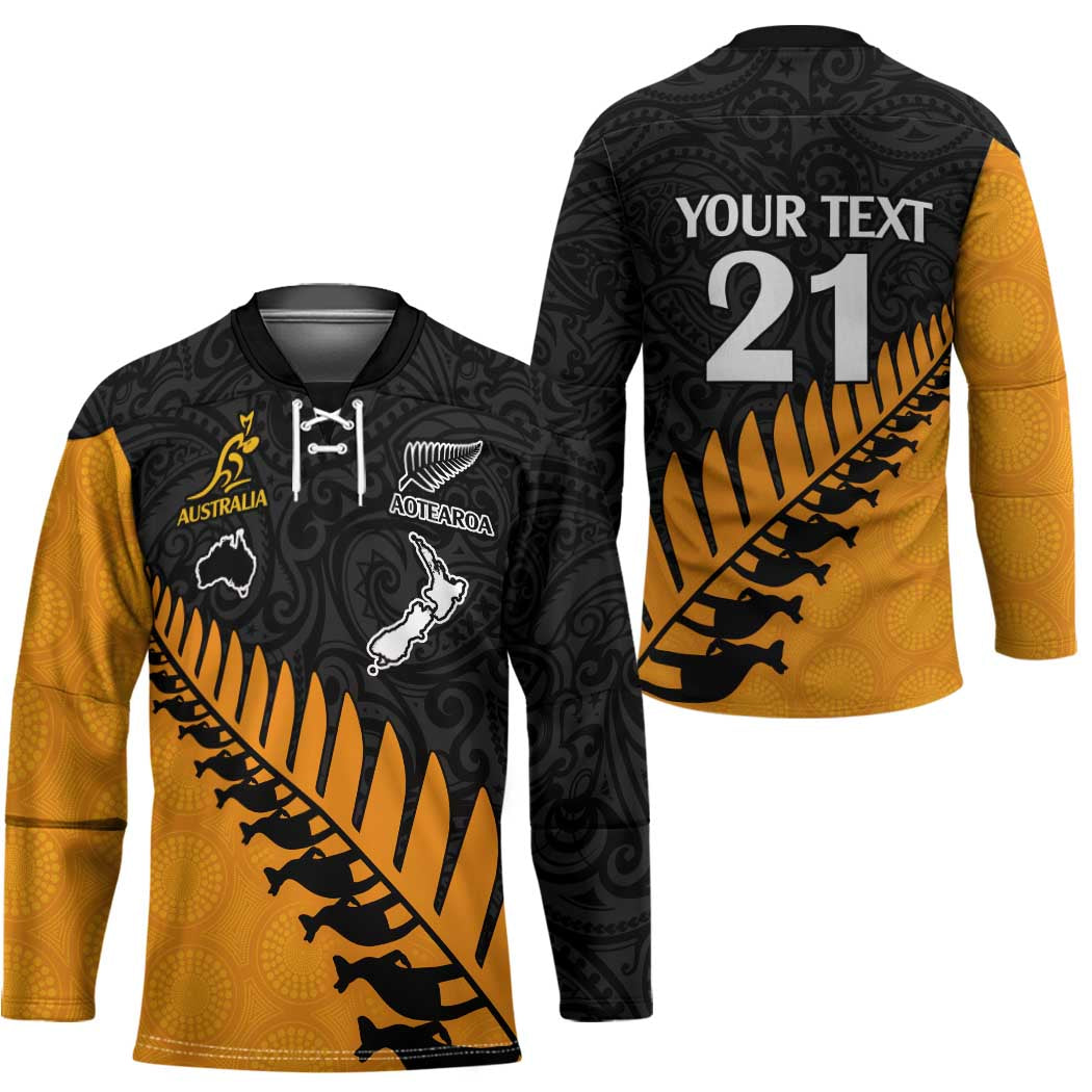 Australia New Zealand Rugby Hockey Jersey Gold Aboriginal Wallabies and Maori Black Fern - Aussie Hoodie
