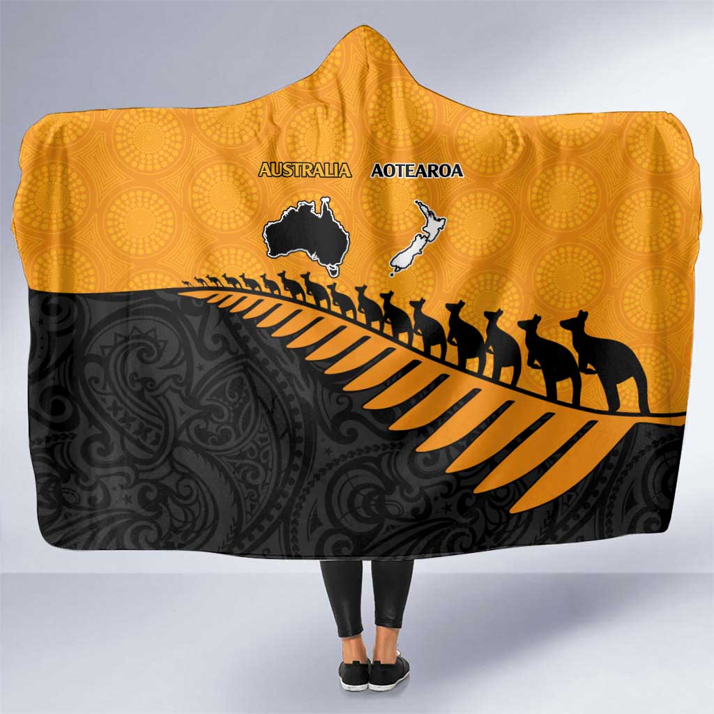 Australia New Zealand Rugby Hooded Blanket Gold Aboriginal Wallabies and Maori Black Fern - Aussie Hoodie