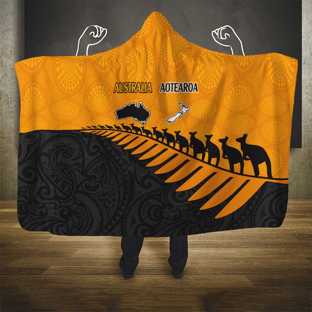 Australia New Zealand Rugby Hooded Blanket Gold Aboriginal Wallabies and Maori Black Fern - Aussie Hoodie