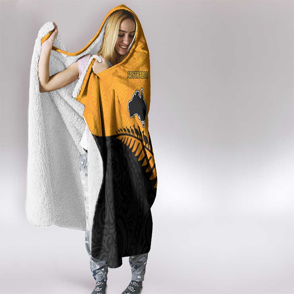 Australia New Zealand Rugby Hooded Blanket Gold Aboriginal Wallabies and Maori Black Fern - Aussie Hoodie