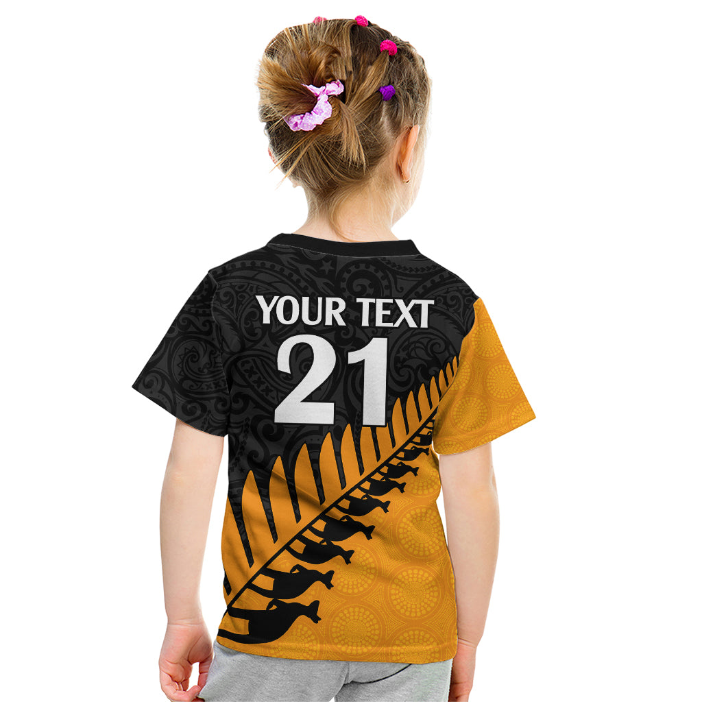 custom-australia-wallabies-and-aotearoa-rugby-kid-t-shirt-kangaroo-black-fern-maori-gold-vibe