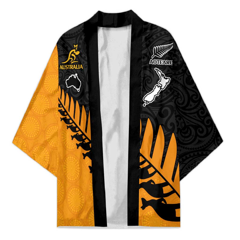 Australia New Zealand Rugby Kimono Gold Aboriginal Wallabies and Maori Black Fern - Aussie Hoodie