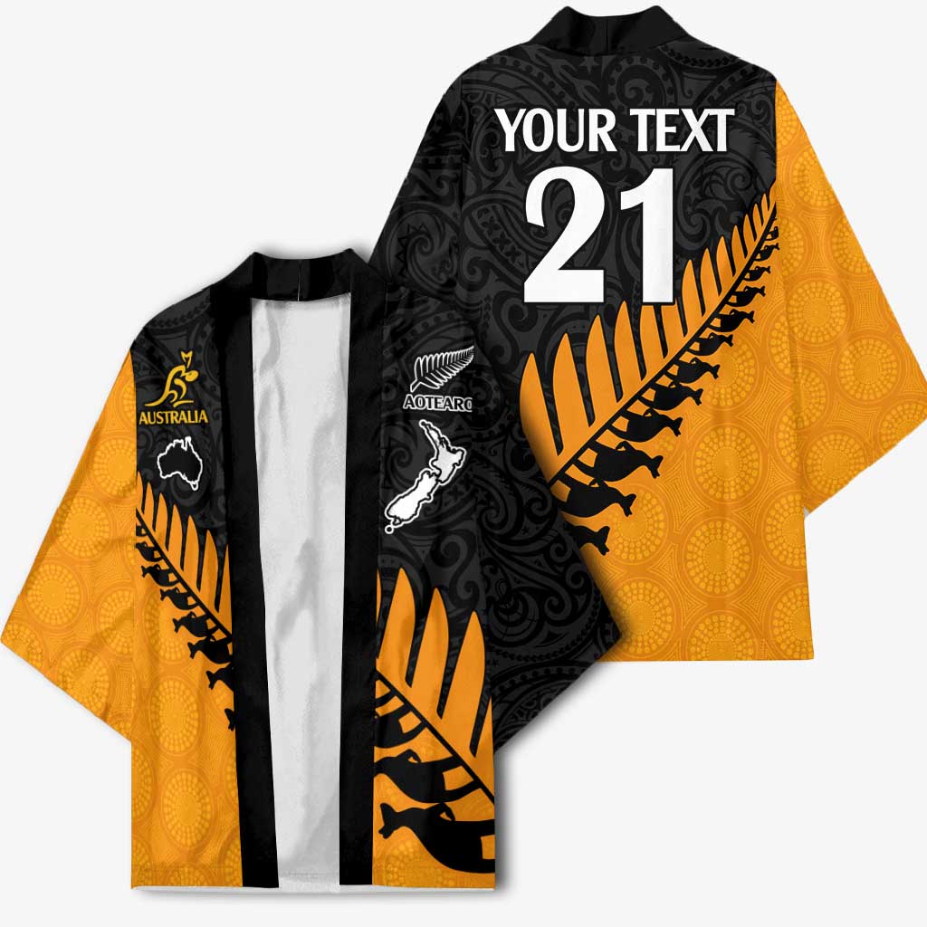 Australia New Zealand Rugby Kimono Gold Aboriginal Wallabies and Maori Black Fern - Aussie Hoodie