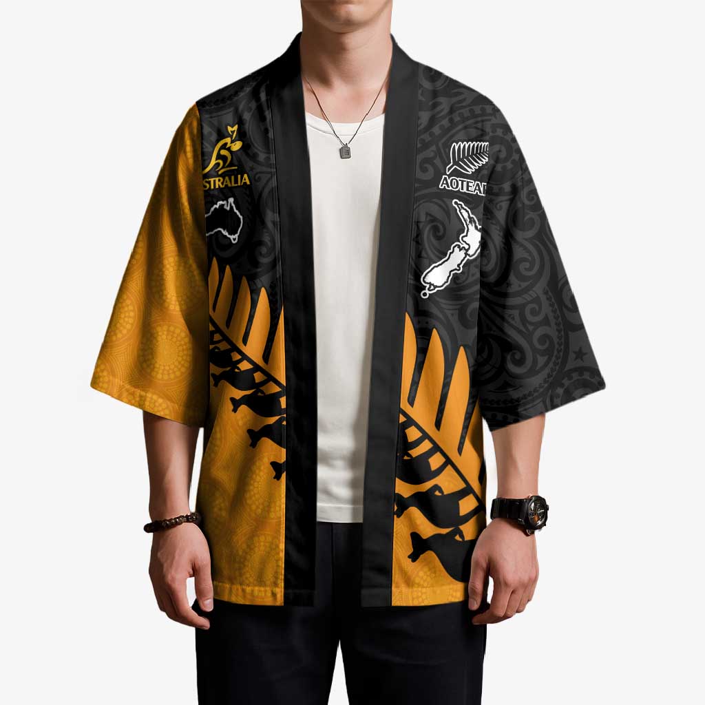 Australia New Zealand Rugby Kimono Gold Aboriginal Wallabies and Maori Black Fern - Aussie Hoodie