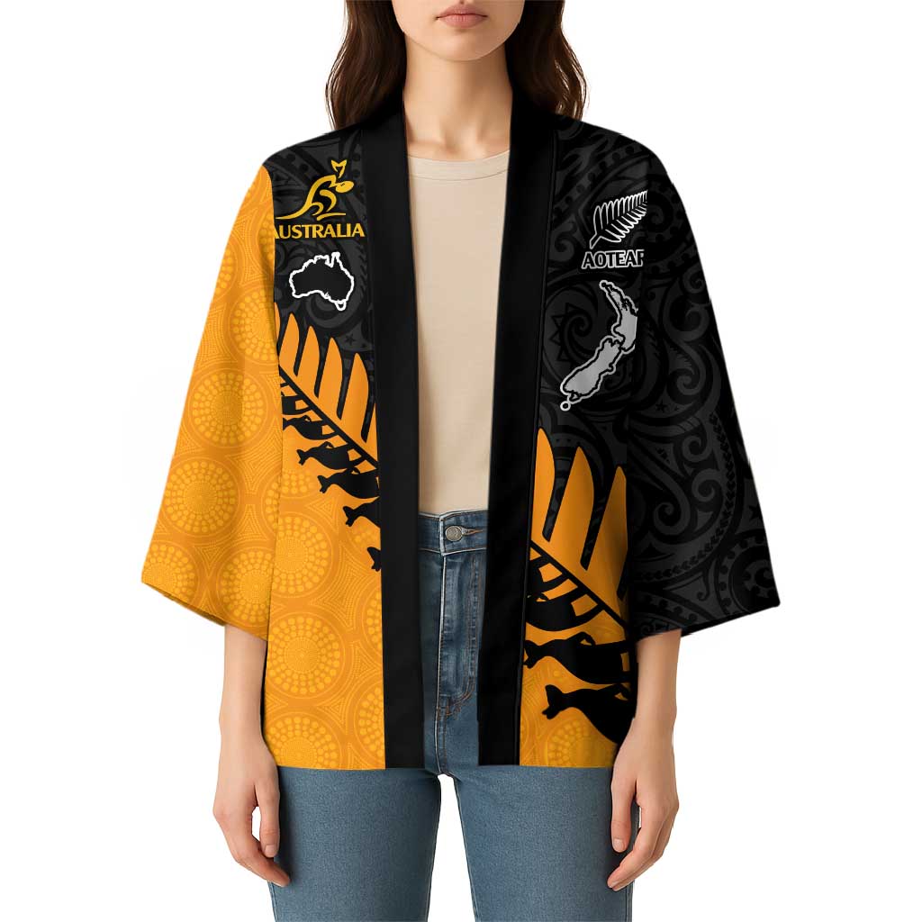 Australia New Zealand Rugby Kimono Gold Aboriginal Wallabies and Maori Black Fern - Aussie Hoodie