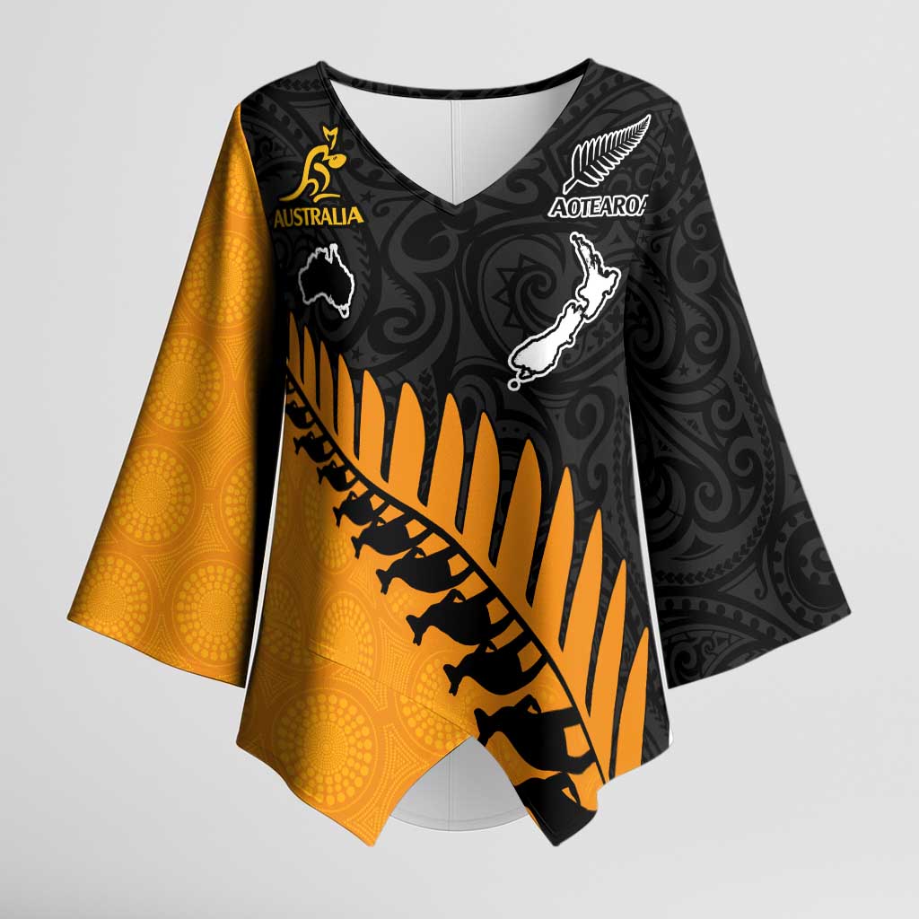 Australia New Zealand Rugby Kimono Sleeve Blouse Gold Aboriginal Wallabies and Maori Black Fern - Aussie Hoodie