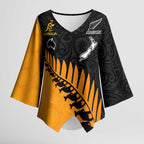 Australia New Zealand Rugby Kimono Sleeve Blouse Gold Aboriginal Wallabies and Maori Black Fern - Aussie Hoodie