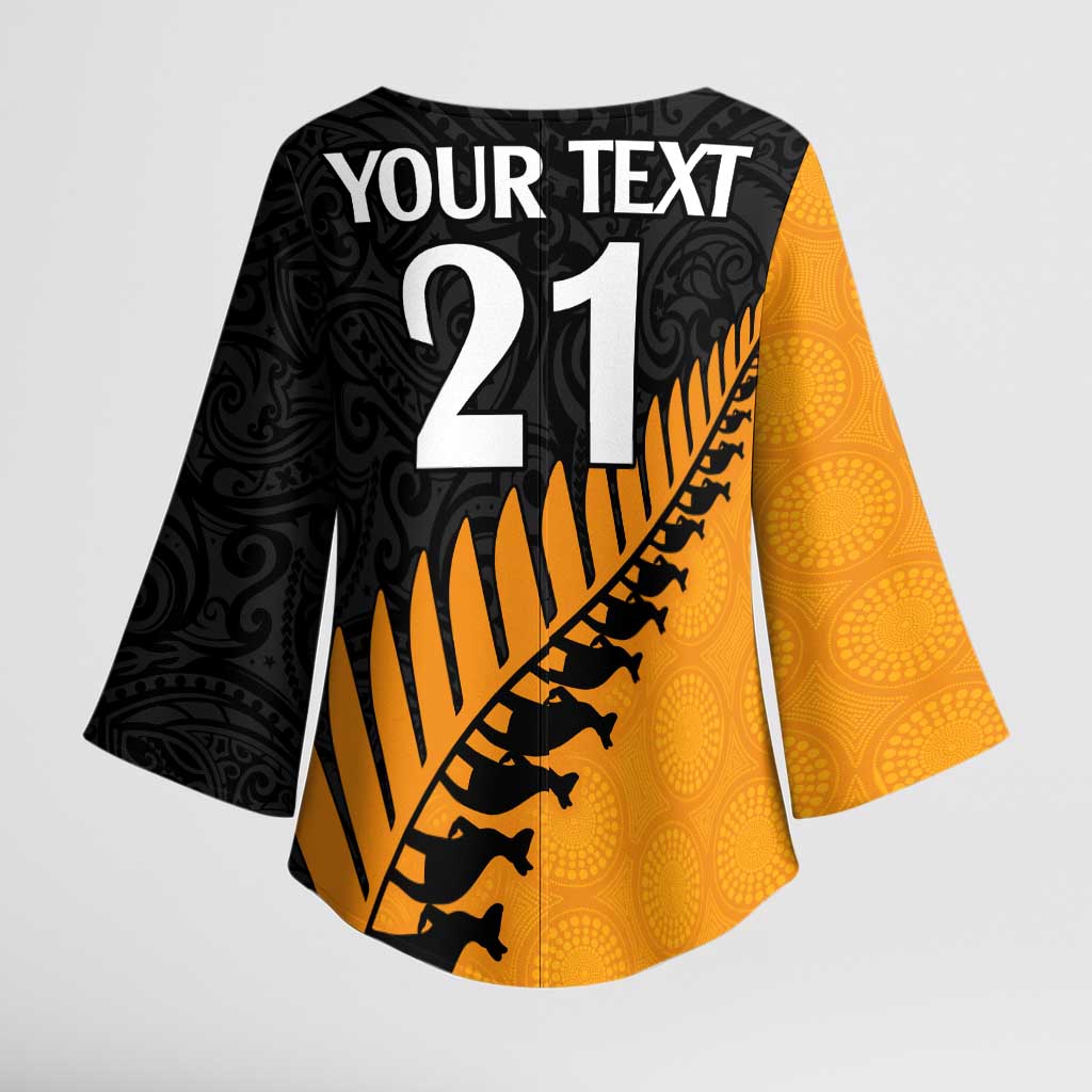 Australia New Zealand Rugby Kimono Sleeve Blouse Gold Aboriginal Wallabies and Maori Black Fern - Aussie Hoodie
