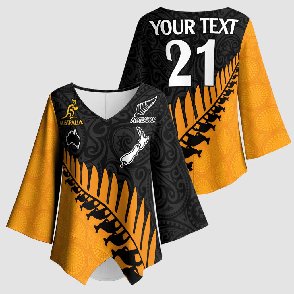 Australia New Zealand Rugby Kimono Sleeve Blouse Gold Aboriginal Wallabies and Maori Black Fern - Aussie Hoodie