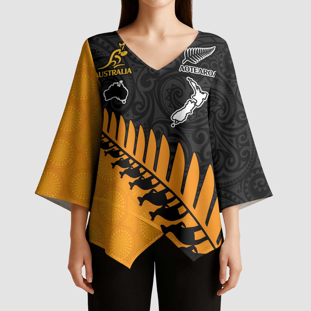 Australia New Zealand Rugby Kimono Sleeve Blouse Gold Aboriginal Wallabies and Maori Black Fern - Aussie Hoodie