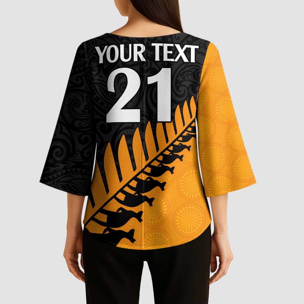 Australia New Zealand Rugby Kimono Sleeve Blouse Gold Aboriginal Wallabies and Maori Black Fern - Aussie Hoodie