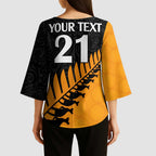 Australia New Zealand Rugby Kimono Sleeve Blouse Gold Aboriginal Wallabies and Maori Black Fern - Aussie Hoodie