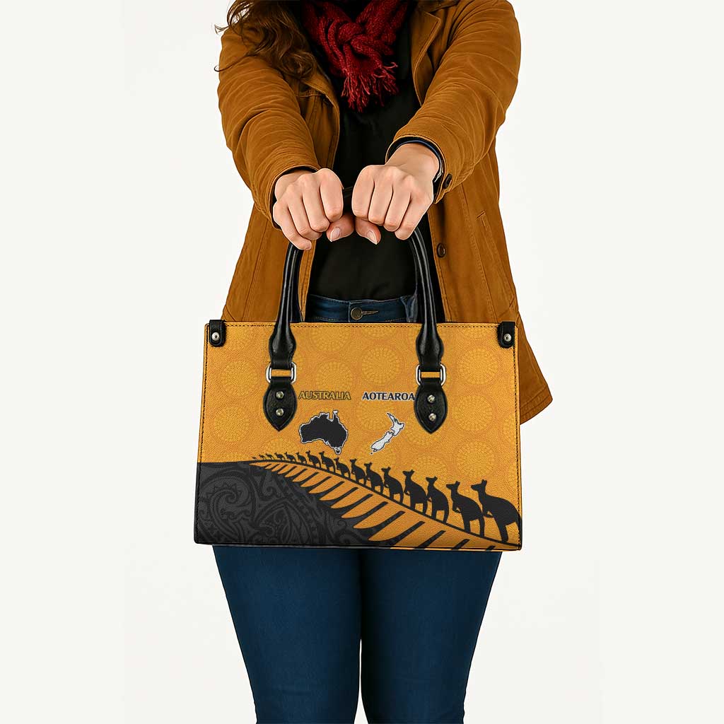 Australia New Zealand Rugby Leather Bag Gold Aboriginal Wallabies and Maori Black Fern - Aussie Hoodie