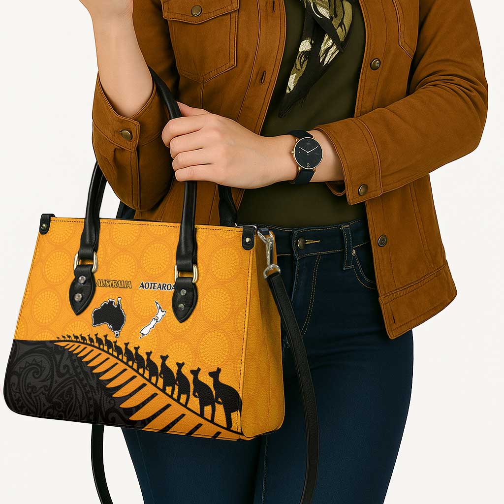 Australia New Zealand Rugby Leather Bag Gold Aboriginal Wallabies and Maori Black Fern - Aussie Hoodie