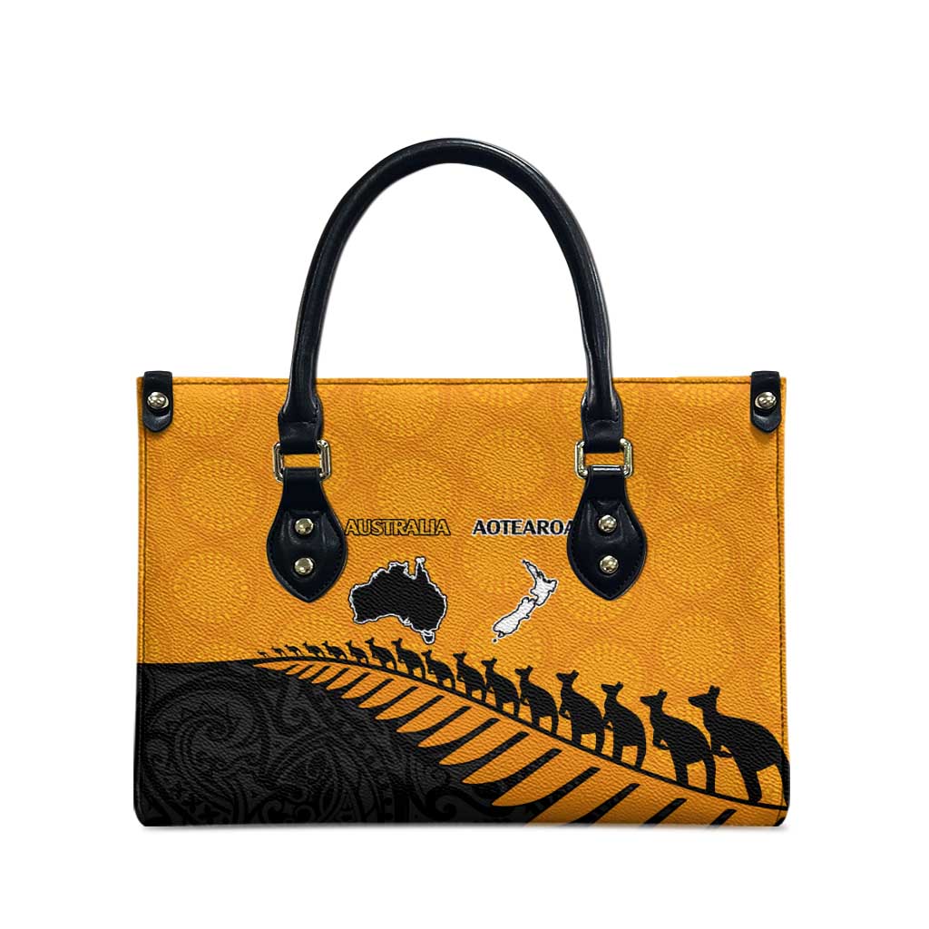 Australia New Zealand Rugby Leather Bag Gold Aboriginal Wallabies and Maori Black Fern - Aussie Hoodie