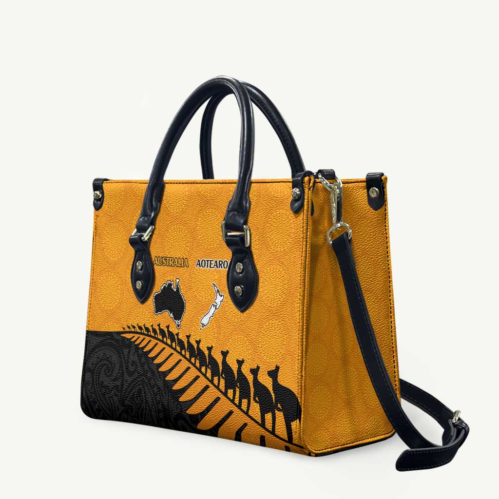 Australia New Zealand Rugby Leather Bag Gold Aboriginal Wallabies and Maori Black Fern - Aussie Hoodie
